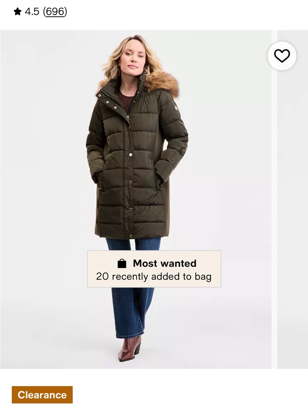 MICHAEL Michael Kors Olive Long Puffer Coat with Faux Fur Trim (New without Tags